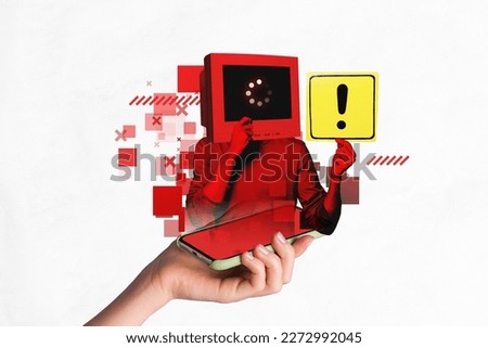 Composite collage photo artwork of headless person innovations concept smartphone display interface loading error alert isolated on white background
