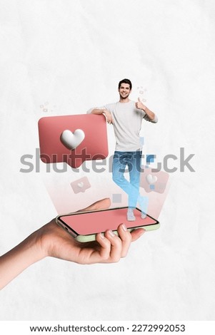 Composite photo art design collage of young blogger virtual reality app projection share his media content thumb up isolated on white background