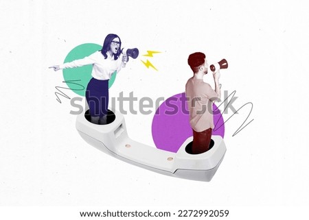 Creative funny painted collage photo of business lady screaming loud microphone bad connection her coworker employee isolated on white background Royalty-Free Stock Photo #2272992059