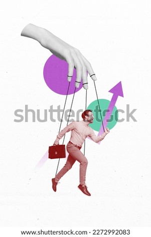 Creative collage photo of young businessman entrepreneur success career growth graphic exploitation his perspective doll isolated on white background