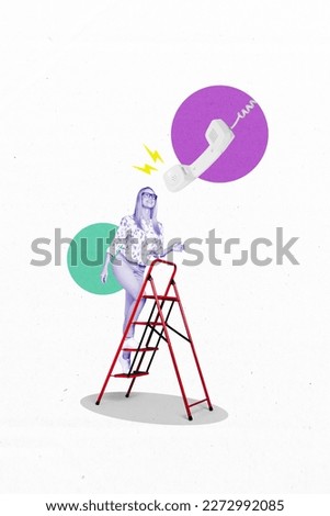 Photo template picture new support call center company helpline for everyone lady walk ladder catch retro cable handset isolated on white background