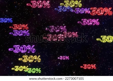 Colorful minus thirty percent symbols fall down isolated on black background 3d render. Concept of discounts, sales, seasonal promotions, black friday, singles day and shopping 1111. 3D Illustration