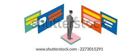 Young man standing in front of big drawing screens with different business information. Concept of business, network, teleworking. Contemporary art collage