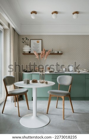 Interior design of dinning room interior with mock up poster frame, round table, gray chair, green shelf, wallpaper, vase with dried flowers and personal accessories. Home decor. Template. Royalty-Free Stock Photo #2273018235