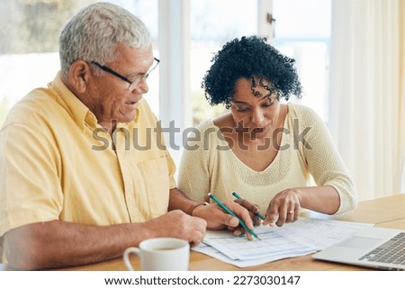 Paperwork, budget and senior couple at home for retirement funds, investment planning or asset management together. Elderly people or woman and partner reading documents, financial loan or mortgage Royalty-Free Stock Photo #2273030147