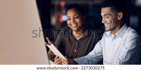 Tablet reading, night teamwork and business people review article for media app, website database or social network. Happy research collaboration, online blog editor and journalist editing news post