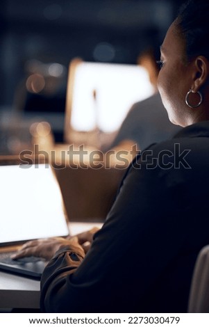 Laptop typing, night and business woman review article for media app, website database or social network mockup. Copywriting mock up, online blog editor and back of journalist editing fake news post