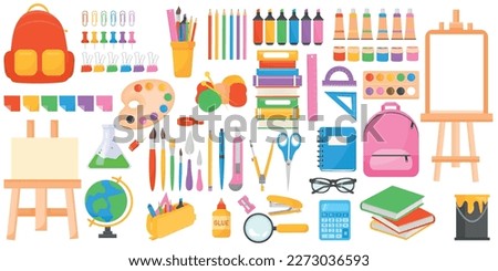 Vector cartoon set of school stationery. A variety of bright educational elements for your design. The concept of study and work. Royalty-Free Stock Photo #2273036593