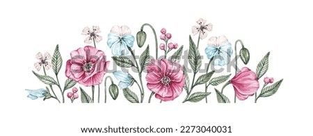 Floral border hand drawn by watercolor. Isolated on white background. Botanical composition in cute cartoon style. Summer flowers
