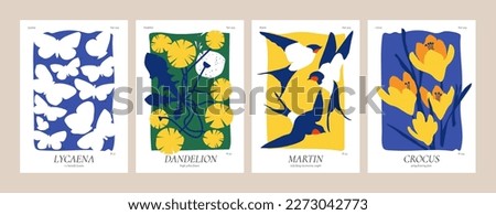 Vector illustration set of botanical posters different flowers, swallow birds and butterflies. Art for postcards, wall art, banner, background