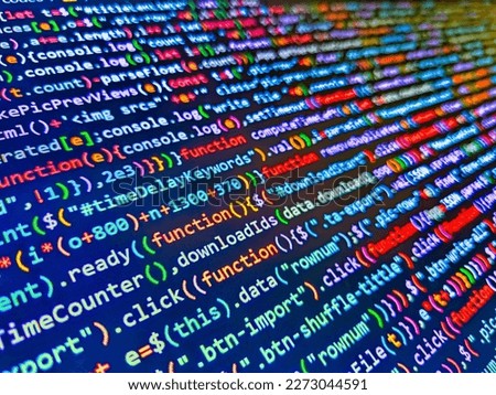 Closeup of Java Script and HTML code. M. Abstract source code background. HTML5 in editor for website deve. Information technology website coding