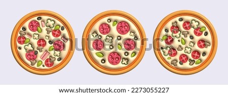 3d italian food clipart. Three pizzas on a white background. Yummy, taste, pizza illustration design. Pizza icons. Pepperoni, vegan pizza. 3d render