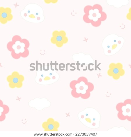 Cute pastel color cartoon duck with flower. Childish vector seamless pattern. Pet or animal design for fabric, textile, card, background, paper gift, scarf, phone case, background.