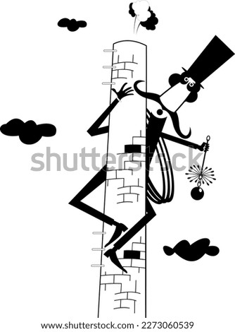 Chimney sweeper, rope, chimney brush, stove pipe.
Cartoon chimney sweeper in the top hat on the stove pipe with the rope and chimney brush. Black on white background

