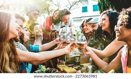 People group toasting red wine having fun outdoor cheering at bbq picnic - Young friend enjoying summer together at garden party out side - Friendship life concept with focus on glasses - Vivid filter