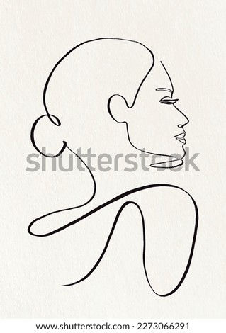 Continuous One Line Woman’s Face Drawing On White Background With Paper Texture. Simple Style Hand Drawn Portrait Of A Woman. Vector Graphic Design.