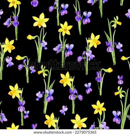 Yellow daffodils and purple violets seamless watercolor pattern. Hand drawn illustration of spring flower bouquets for wallpaper and fabric.