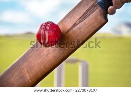 Cricket batsman hitting a ball with stumps on cricket pitch Royalty-Free Stock Photo #2273078197