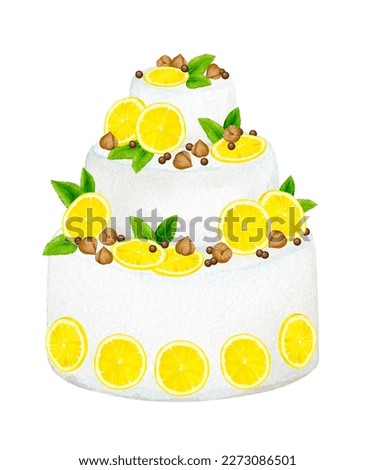 Lemon cake decorated with nuts and mint. Watercolor holiday clipart for design of postcards, greeting cards, invitations, menus, logos, fabric prints. Wedding, birthday, anniversary design.
