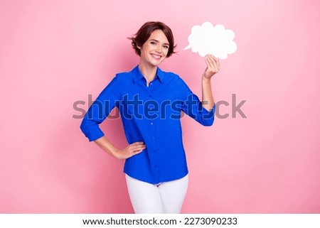 Photo of pretty lady toothy smile hand hold paper empty space cloud collage isolated on pink color background