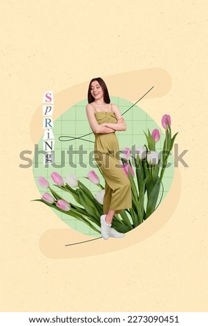 Creative template picture collage of beautiful young lady crossing hands enjoy spring sales tulips flowers