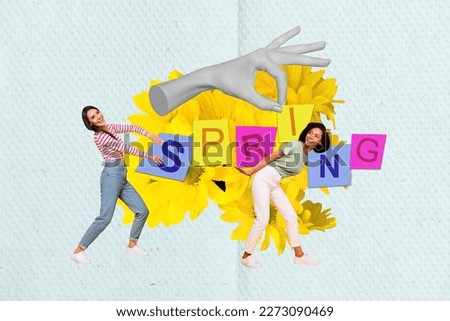 Creative collage portrait placard of two mini girl big black white colors hand hold spring letters yellow fresh flowers