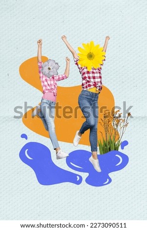 Vertical collage metaphor portrait of two girl spring flowers instead head jumping water puddle isolated on drawing background