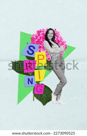 Vertical collage image of positive pretty black white effect girl crossed hands huge pink spring flower isolated on creative background
