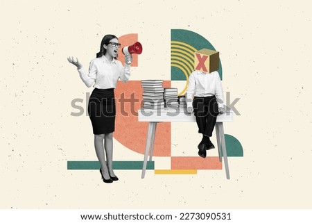 Creative collage poster september knowledge day young furious teacher scream megaphone her student stupid sit desk books isolated on beige background Royalty-Free Stock Photo #2273090531