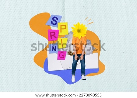 Creative collage portrait of fresh daisy flower instead head guy sit spring greeting postcard isolated on painted background