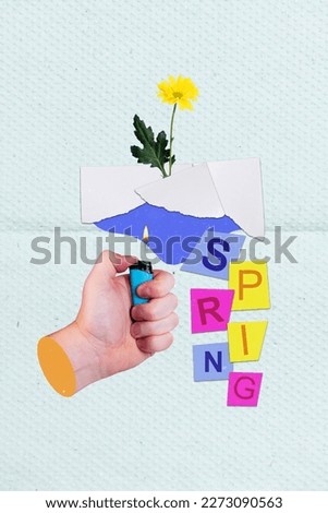 Vertical collage picture of arm hold lighter flame burn paper card growing flower spring letters text isolated on creative background