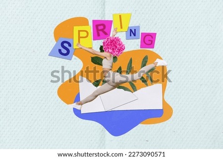 Composite collage picture of jumping girl fresh flower instead head isolated on creative spring background