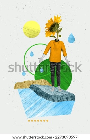 Weird dream artwork collage of young guy with sunflower face shrug shoulders not expect spring hot weather melting scenery