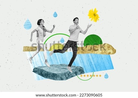 Collage portrait picture of two excited positive black white colors people run jump catch flying daisy flower falling raindrops