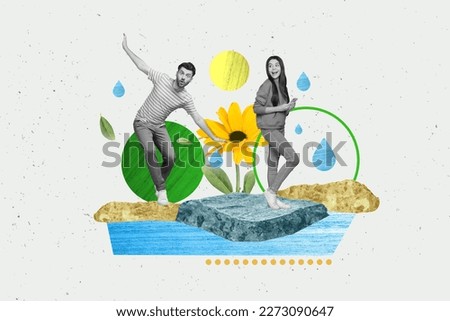Creative artwork image collage of two people sister brother check gadget weather enjoying spring ice snow melting