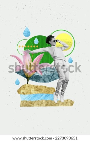 Vertical collage picture of positive carefree black white colors girl cool sunglass big growing lily flower isolated on drawing background