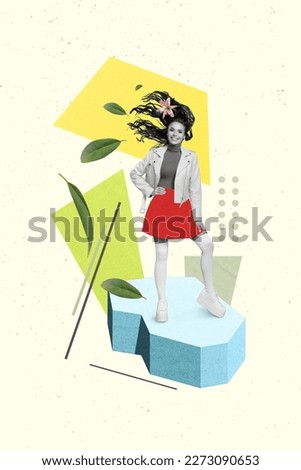 Vertical collage picture poster of cheerful pretty black white effect girl standing piece ice flower inside hair woman day greeting card