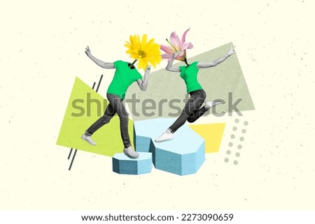 Creative collage picture of two black white people fresh flowers instead head show v-sign stand melting ice isolated on painted background