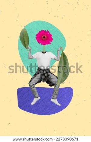 Photo collage artwork minimal picture of funky funny guy pink gerbera instead of head isolated drawing background