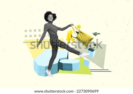 Picture template collage of happy girl walking hold shopping bag prepare 8 march party celebration yellow daisy present