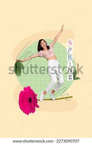 Creative magazine artwork image collage of funny little lady walk green flower stem fall balance enjoy spring 8 march