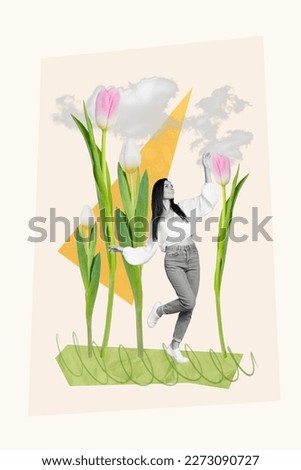 3d retro abstract creative artwork template collage of dreamy lady enjoying walking flower garden isolated painting background