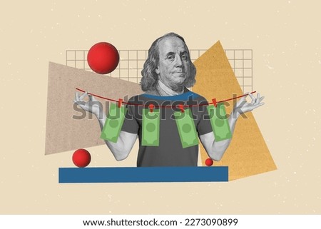 Creative abstract template graphics collage image of money guy washing drying cash isolated drawing background