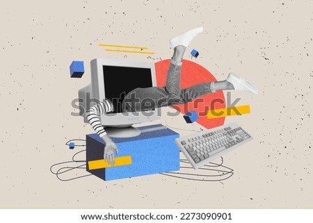 Exclusive magazine picture sketch collage image of funky funny lady stuck inside old computer isolated painting background Royalty-Free Stock Photo #2273090901