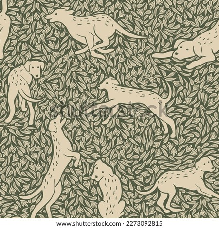 Forest Dog Pattern with Hand Drawn Puppies. Dogs playing among the leaves. Design good for wallpaper, fabric, baby clothes, blankets, backgrounds, packaging.