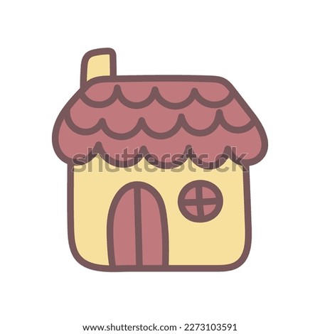 Cute yellow village house in doodle style. Simple kawaii illustration. Design element for children's products, prints on clothes, greeting cards and invitations. Flat clipart with outline