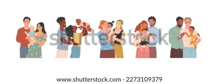 Parenthood and adoption. Vector cartoon illustration in flat style of set of young adult diverse straight and gay couples holding a baby in their arms. Isolated on white Royalty-Free Stock Photo #2273109379