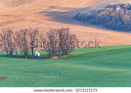 Panorama of the chapel st. Barbara on South Moravian fields during spring time, Kyjov Czech Republic