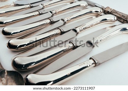 A wide selection of silver tableware cutlery, to include knives, forks and spoons of different types. Laid out and presented on a near white tabletop. 