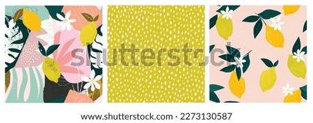 Collage contemporary lemon floral and polka dot shapes seamless pattern set. Modern exotic design for paper, cover, fabric, interior decor and other users. Royalty-Free Stock Photo #2273130587